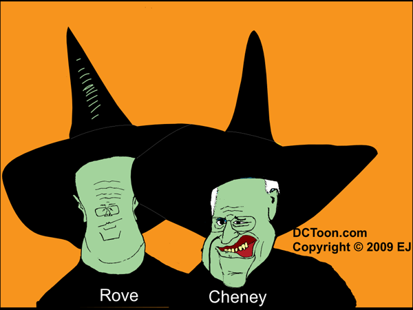 Rove-Cheney: Wish I had had two buckets of Water (cartoon by EJ)
