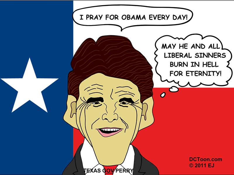 Texas Governor Perry Prays for Obama (Cartoon by EJ)